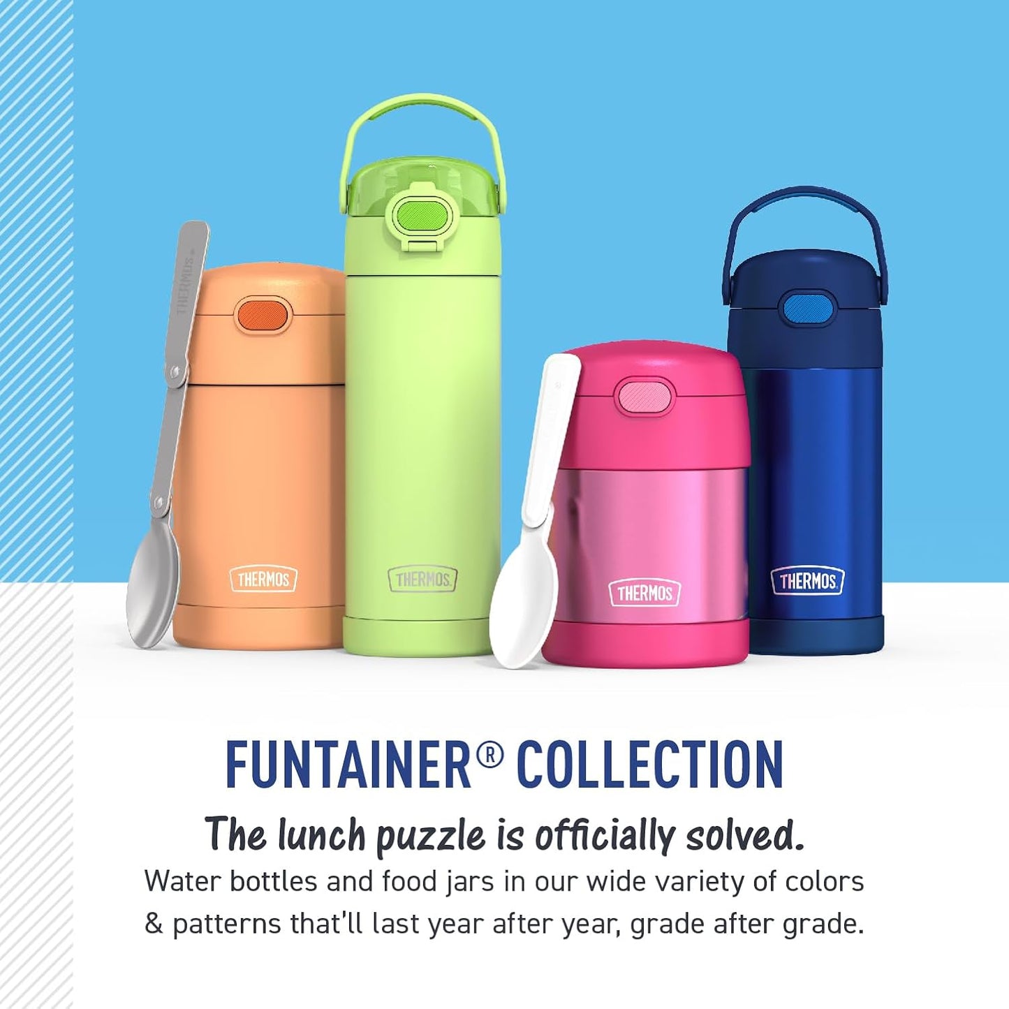 FUNTAINER 10 Ounce Stainless Steel Vacuum Insulated Kids Food Jar with Folding Spoon, Navy
