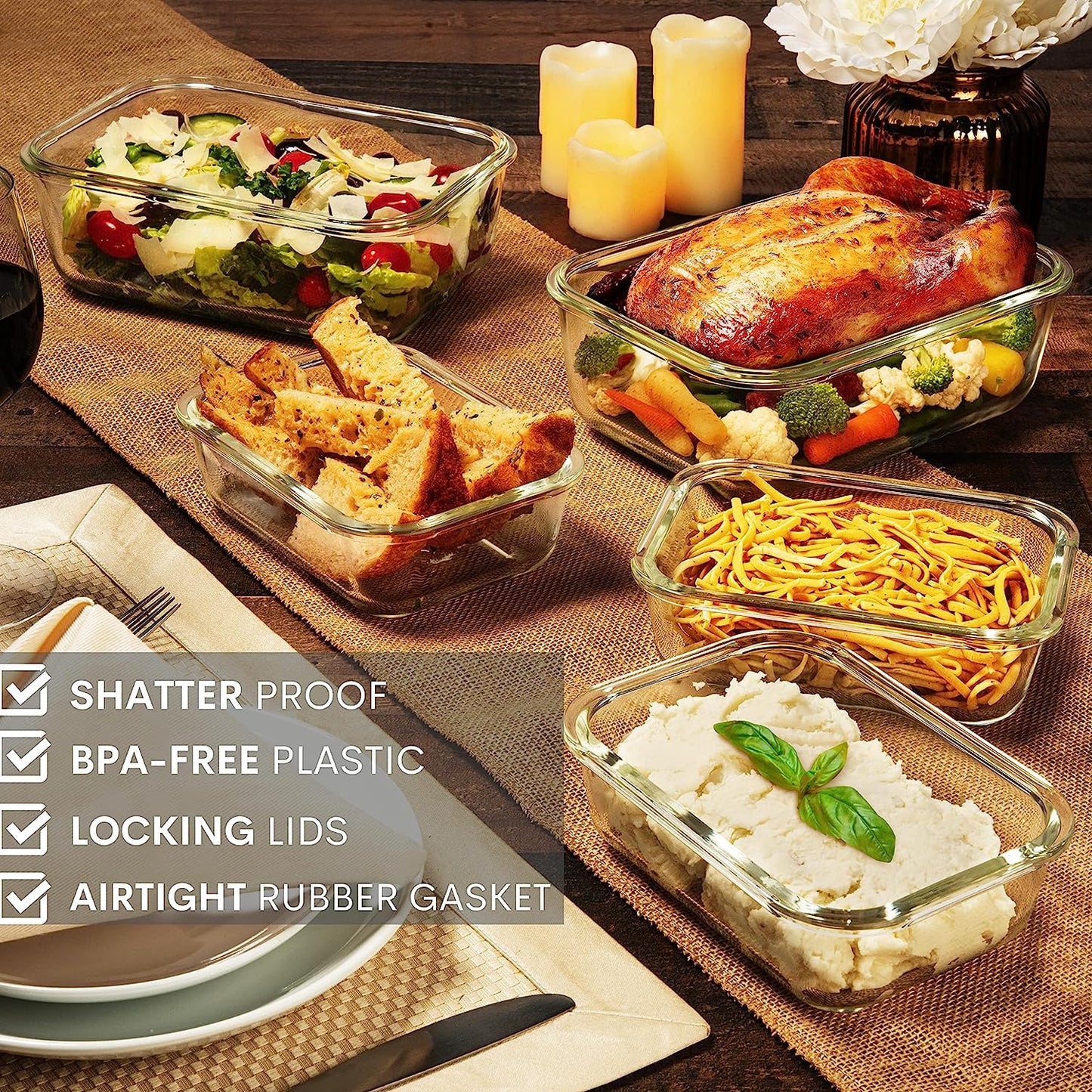 8 Cups/ 63 Oz 4 Piece (2 Containers + 2 Lids) Large Glass Food Storage/ Baking Containers with Locking Lids . Ideal for Storing Food, Vegetables or Fruits. BPA Free & Leak Proof -Microwave, Oven Safe
