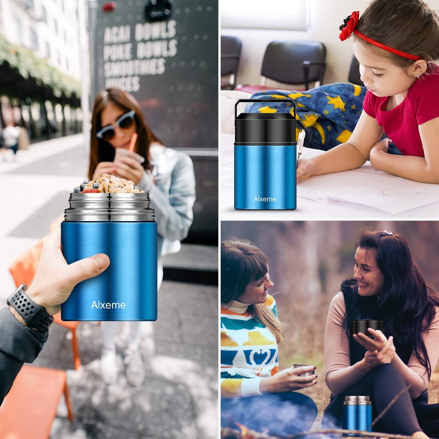 Insulated Lunch Container Thermos Food Jar, 27Oz Vacuum Insulated Food Jar for Kids Adult, Stainless Steel Wide Mouth Soup Thermos for Cold Hot Food Leak Proof Bento Box with Flexible Handle