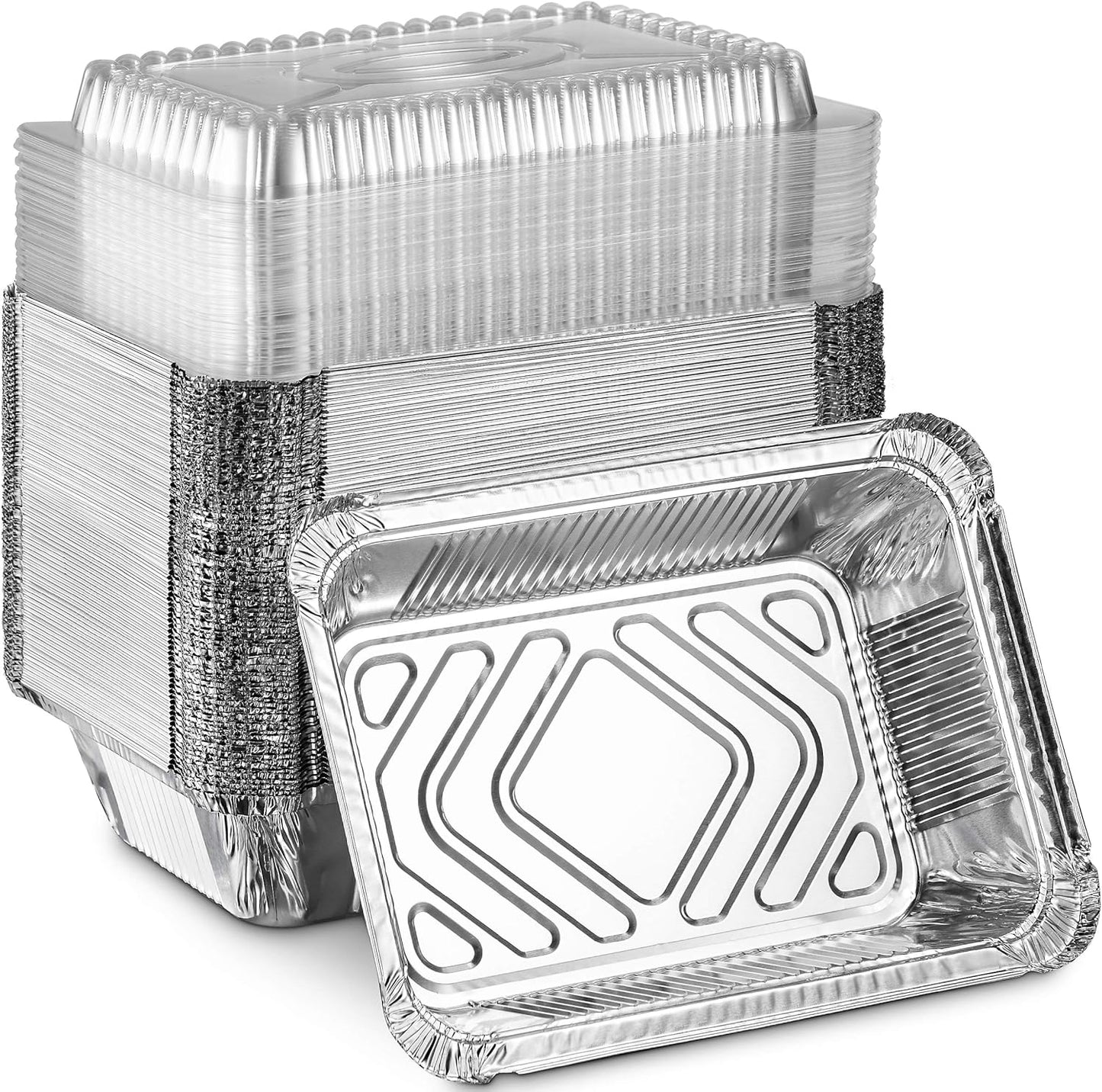 Disposable Takeout Pans with Clear Lids | 2Lb Capacity Aluminum Foil Food Containers with Strong Seal for Freshness & Spill Resistance | Eco-Friendly & Recyclable | 50-Pack 8X5.5” Drip Pans