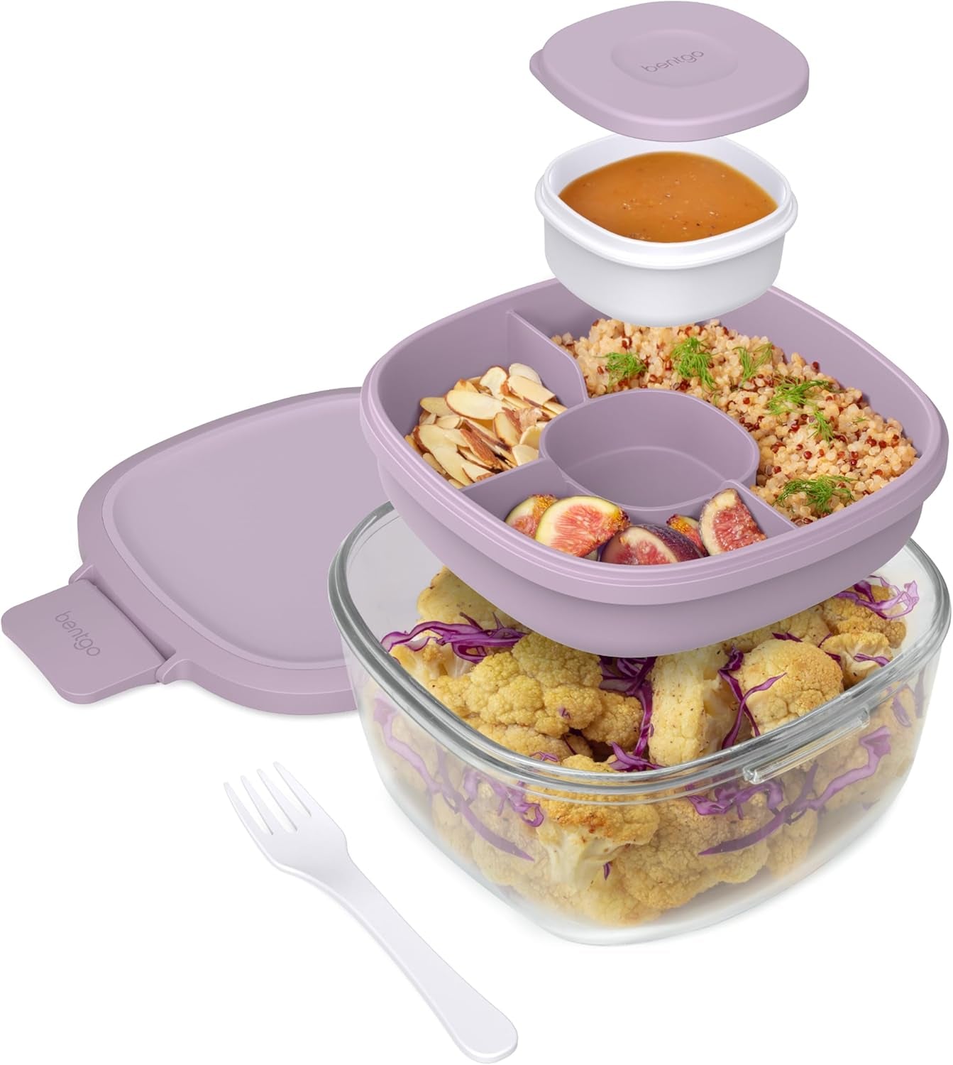 Glass All-In-One Salad Container - Large 61-Oz Salad Bowl with Lid, 4-Compartment Bento-Style Tray, 3-Oz Sauce Container, and Reusable Fork - Dishwasher, Microwave, and Oven Safe (Lavender)