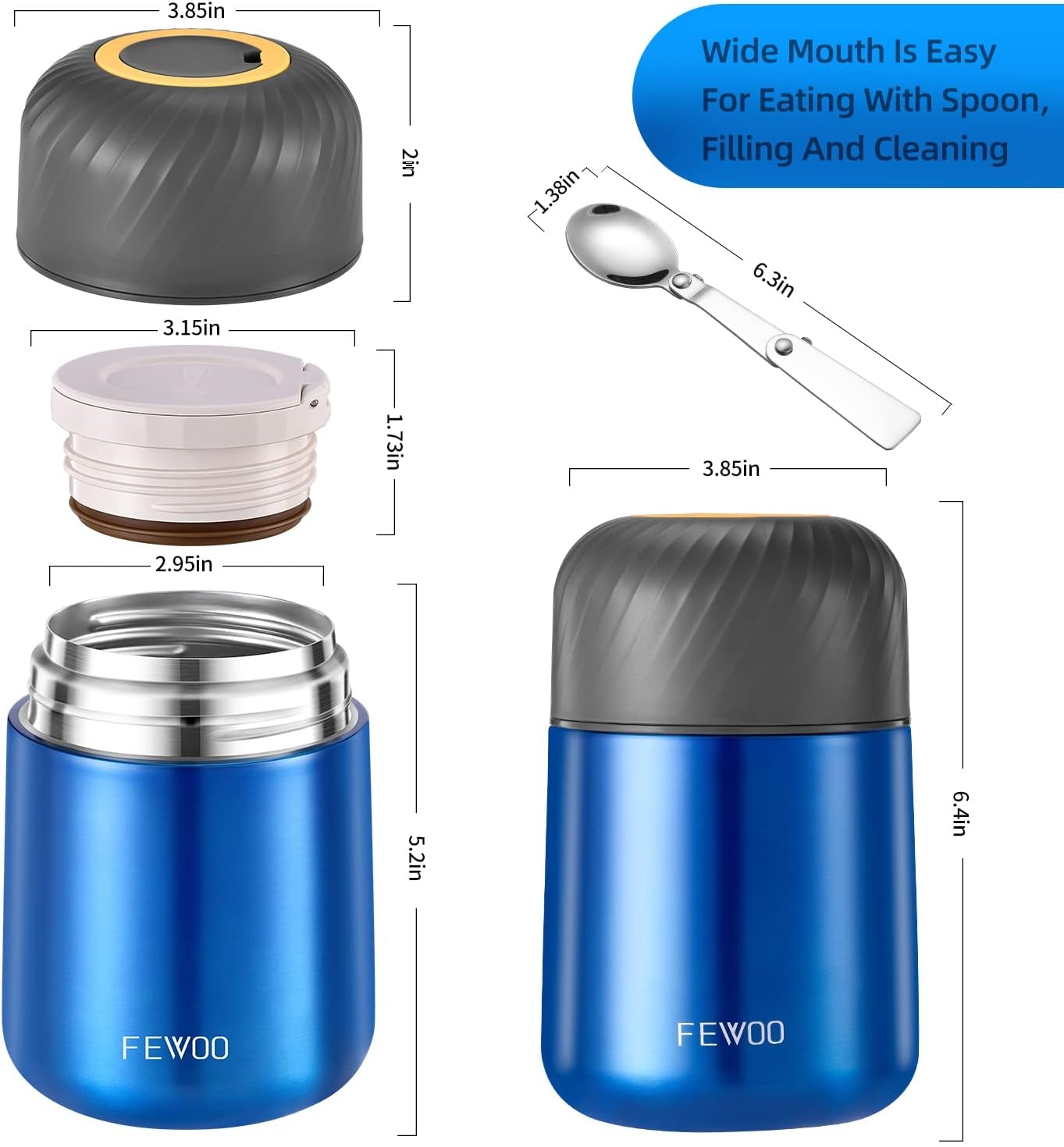 Food Jar - 20Oz Vacuum Insulated Soup Container, Stainless Steel Lunch Box for Kids Adult, with Folding Spoon for Hot or Cold Food (Bright Blue)