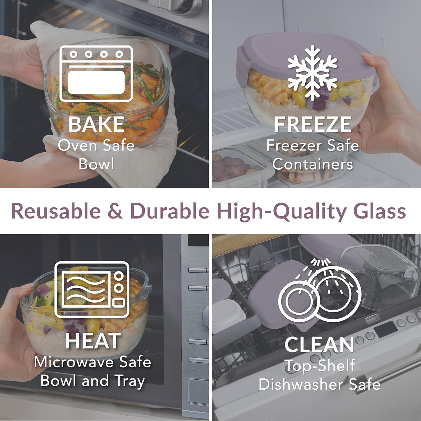 Glass All-In-One Salad Container - Large 61-Oz Salad Bowl with Lid, 4-Compartment Bento-Style Tray, 3-Oz Sauce Container, and Reusable Fork - Dishwasher, Microwave, and Oven Safe (Lavender)