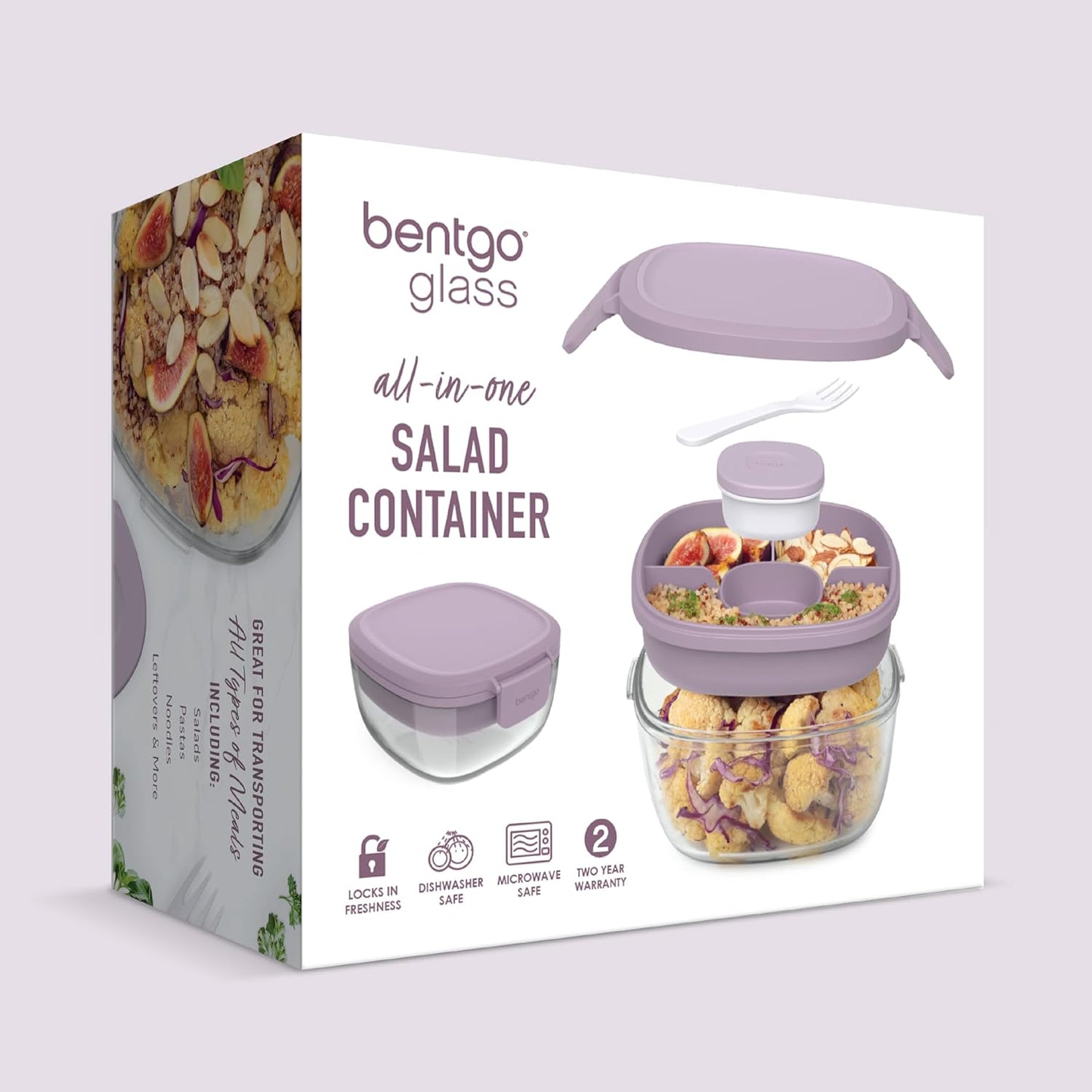 Glass All-In-One Salad Container - Large 61-Oz Salad Bowl with Lid, 4-Compartment Bento-Style Tray, 3-Oz Sauce Container, and Reusable Fork - Dishwasher, Microwave, and Oven Safe (Lavender)
