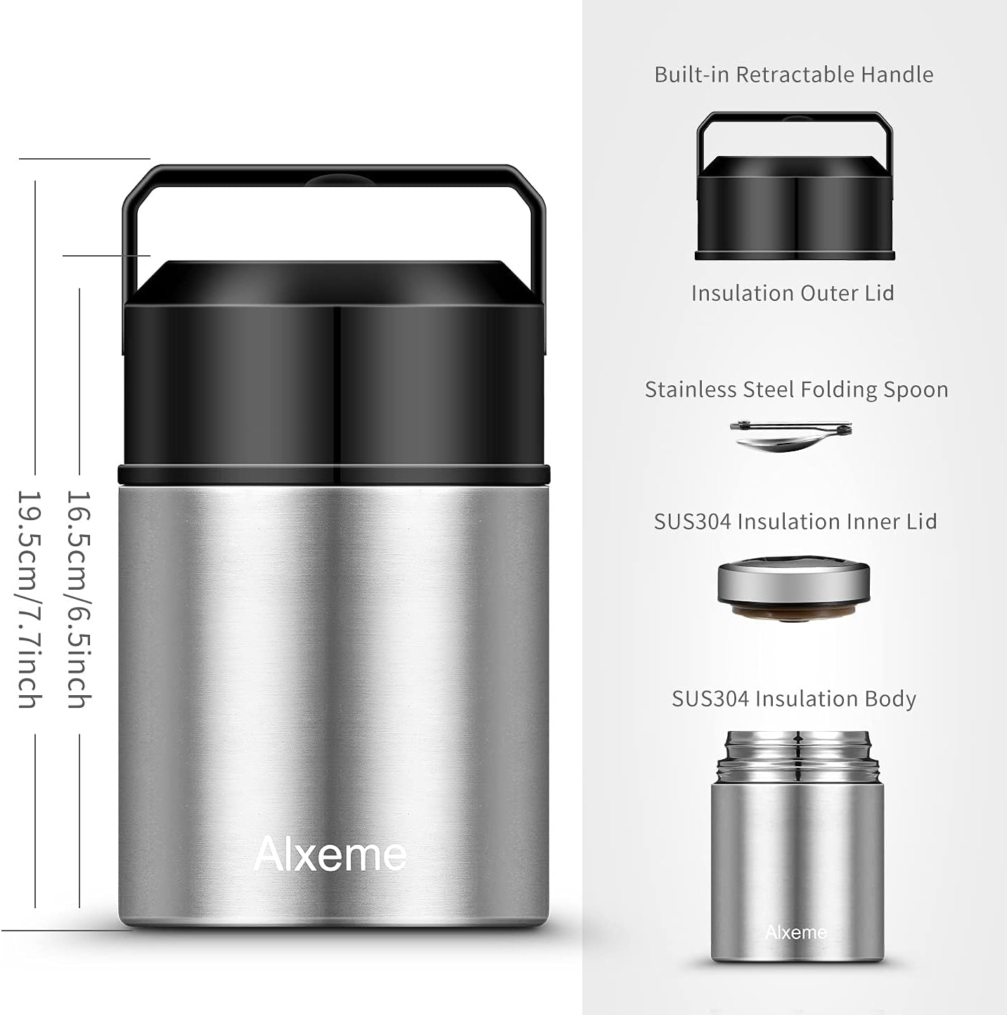Food Jar Insulated Lunch Container Bento Box for Cold Hot Food 27Oz Food Flask Wide Mouth Stainless Steel Vacuum Lunch Box for Kids Adult with Spoon Flexible Handle Leak Proof – Silver