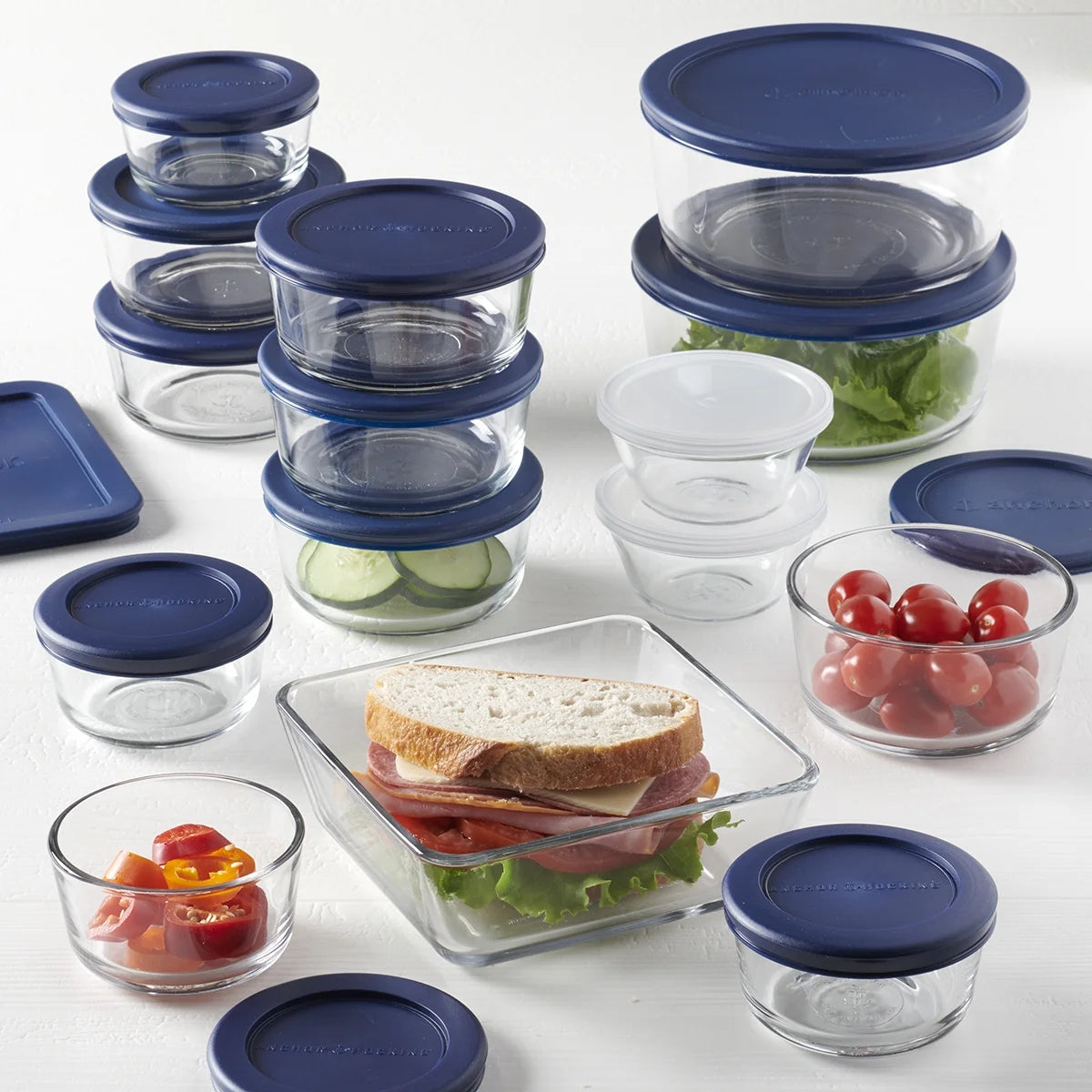 Clear Glass Food Storage,30 Piece Set with Navy Lids