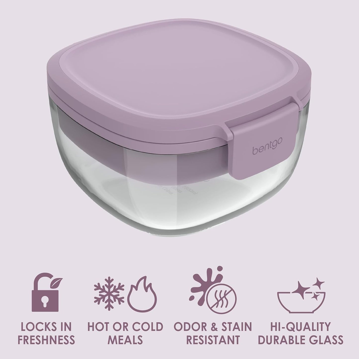 Glass All-In-One Salad Container - Large 61-Oz Salad Bowl with Lid, 4-Compartment Bento-Style Tray, 3-Oz Sauce Container, and Reusable Fork - Dishwasher, Microwave, and Oven Safe (Lavender)