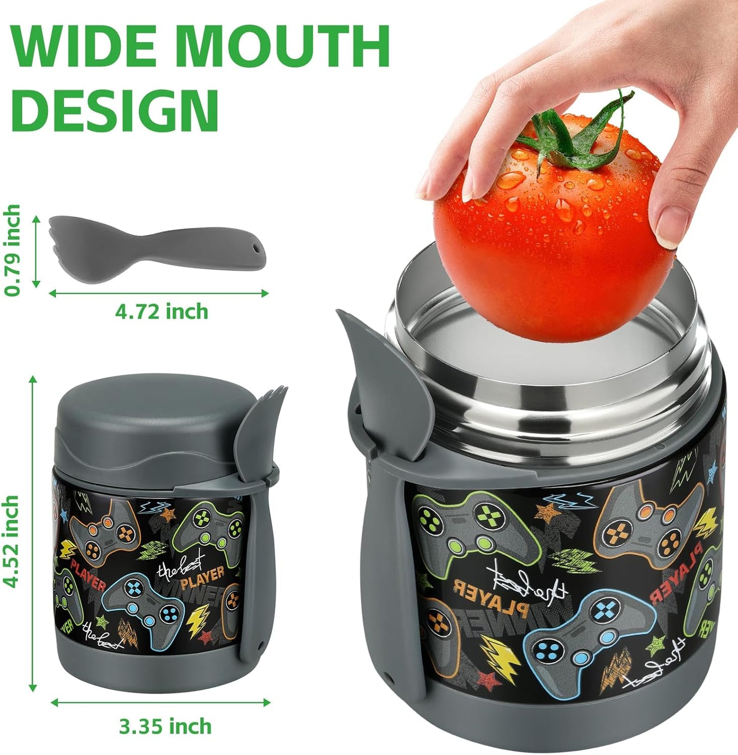 10Oz Soup Thermo for Hot Food Kids Insulated Food Jar,Thermo Hot Food Lunch Container, Width Mouth Stainless Steel Lunch Box for Kids with Spoon (Black-Gamepad)
