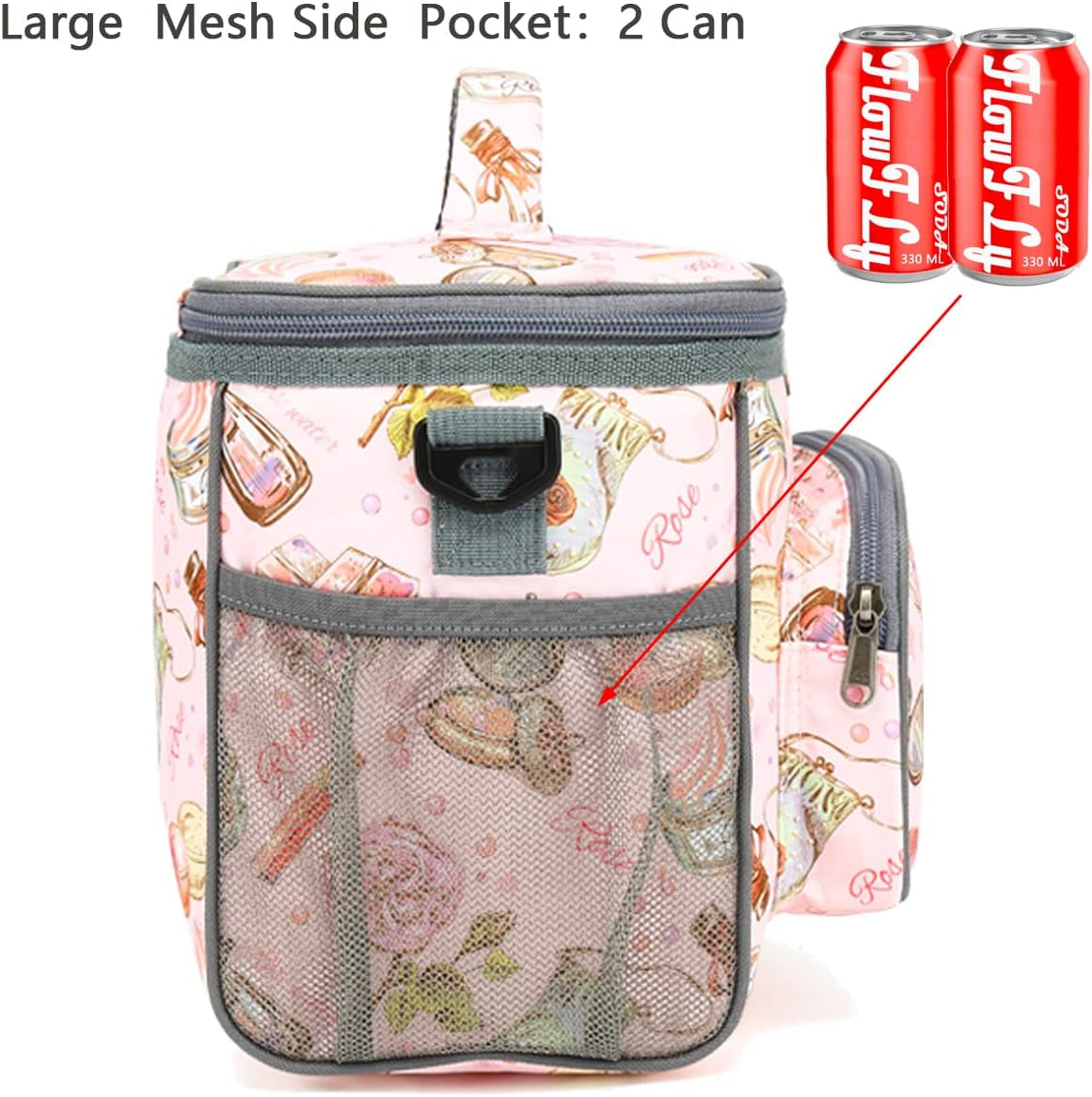 Insulated Reusable Lunch Bag Adult Large Lunch Box for Women and Men with Adjustable Shoulder Strap,Front Zipper Pocket and Dual Large Mesh Side Pockets,Rose