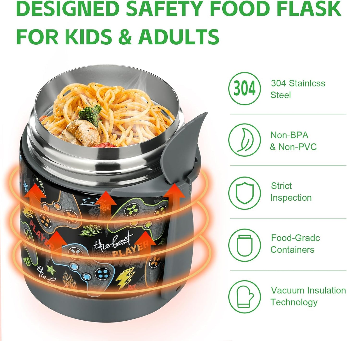 10Oz Soup Thermo for Hot Food Kids Insulated Food Jar,Thermo Hot Food Lunch Container, Width Mouth Stainless Steel Lunch Box for Kids with Spoon (Black-Gamepad)