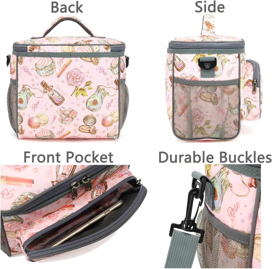 Insulated Reusable Lunch Bag Adult Large Lunch Box for Women and Men with Adjustable Shoulder Strap,Front Zipper Pocket and Dual Large Mesh Side Pockets,Rose