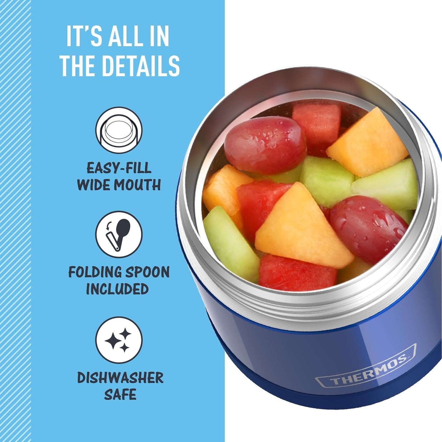 FUNTAINER 10 Ounce Stainless Steel Vacuum Insulated Kids Food Jar with Folding Spoon, Navy