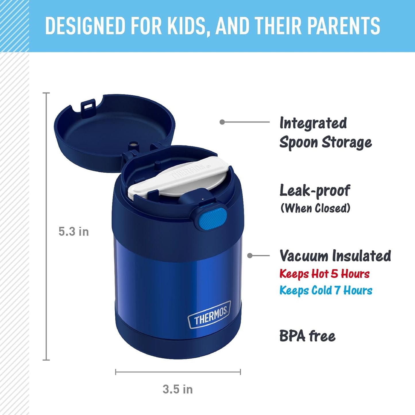 FUNTAINER 10 Ounce Stainless Steel Vacuum Insulated Kids Food Jar with Folding Spoon, Navy