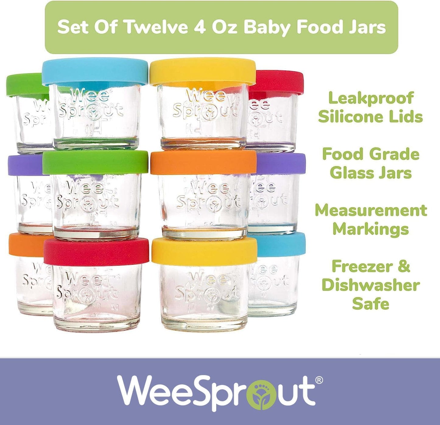 Glass Baby Food Storage Jars W/Lids (4 Oz, 12 Pack Set) Snack, Puree, Reusable Small Containers, Breast Milk, Fridge or Freezer, Microwave & Dishwasher Safe, Essential Must Have for Infants
