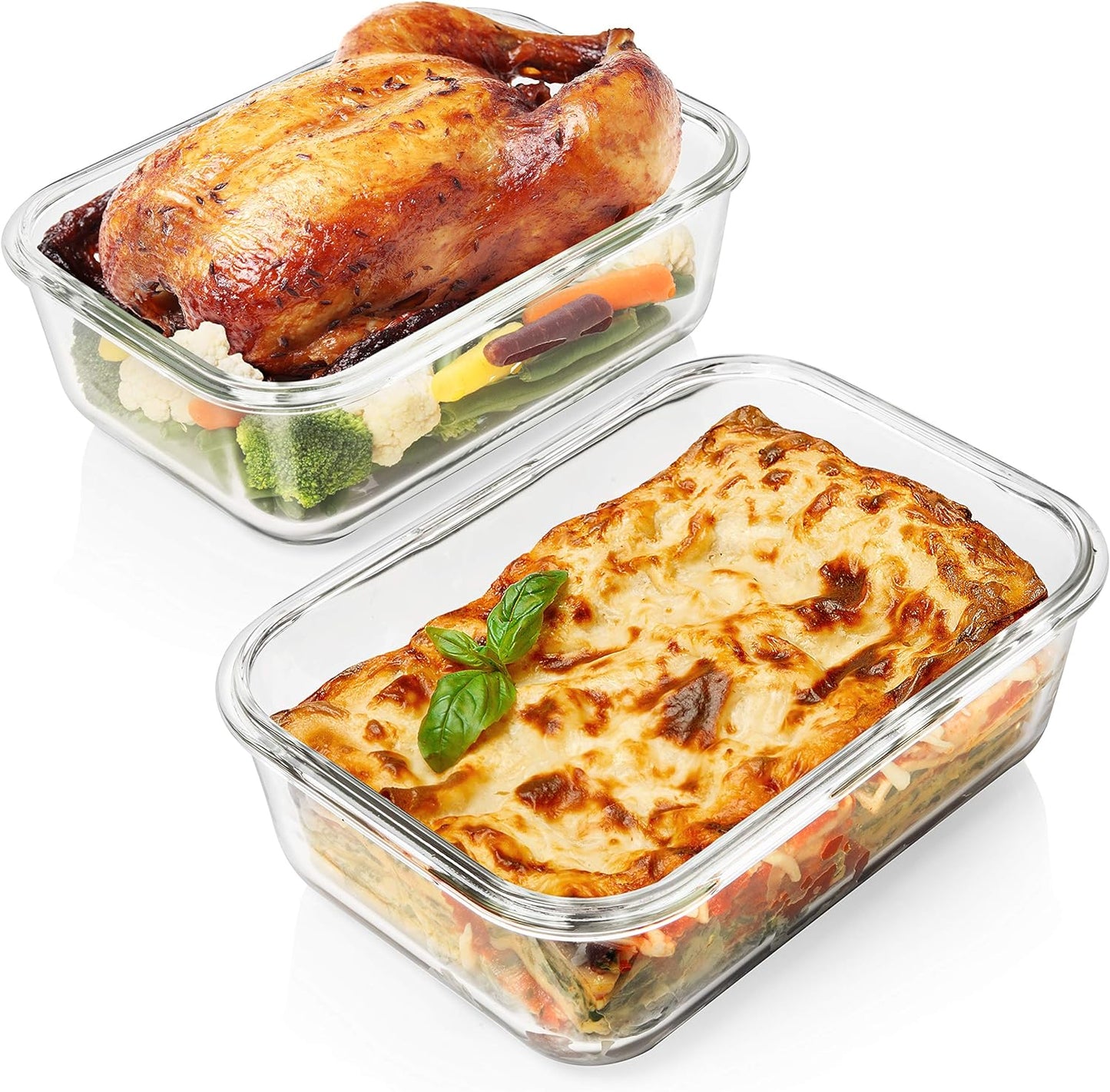 8 Cups/ 63 Oz 4 Piece (2 Containers + 2 Lids) Large Glass Food Storage/ Baking Containers with Locking Lids . Ideal for Storing Food, Vegetables or Fruits. BPA Free & Leak Proof -Microwave, Oven Safe