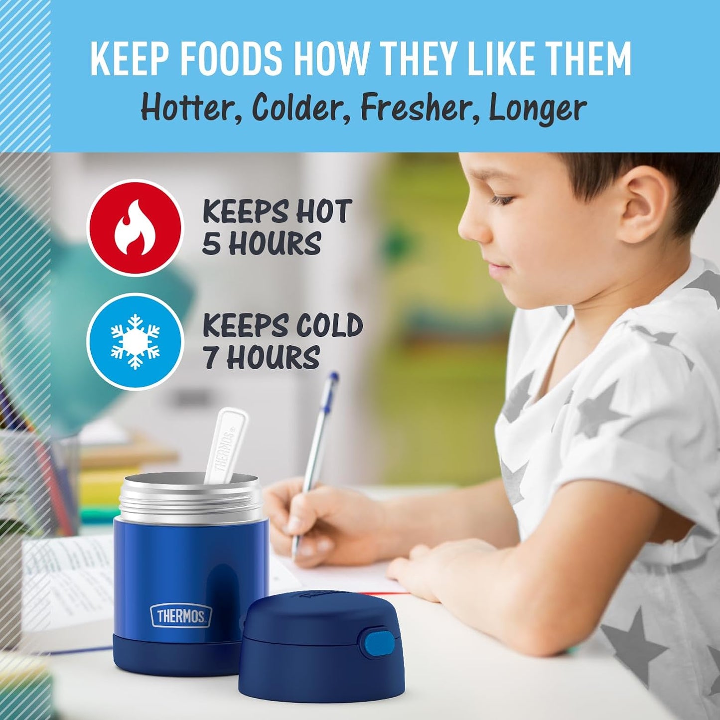 FUNTAINER 10 Ounce Stainless Steel Vacuum Insulated Kids Food Jar with Folding Spoon, Navy