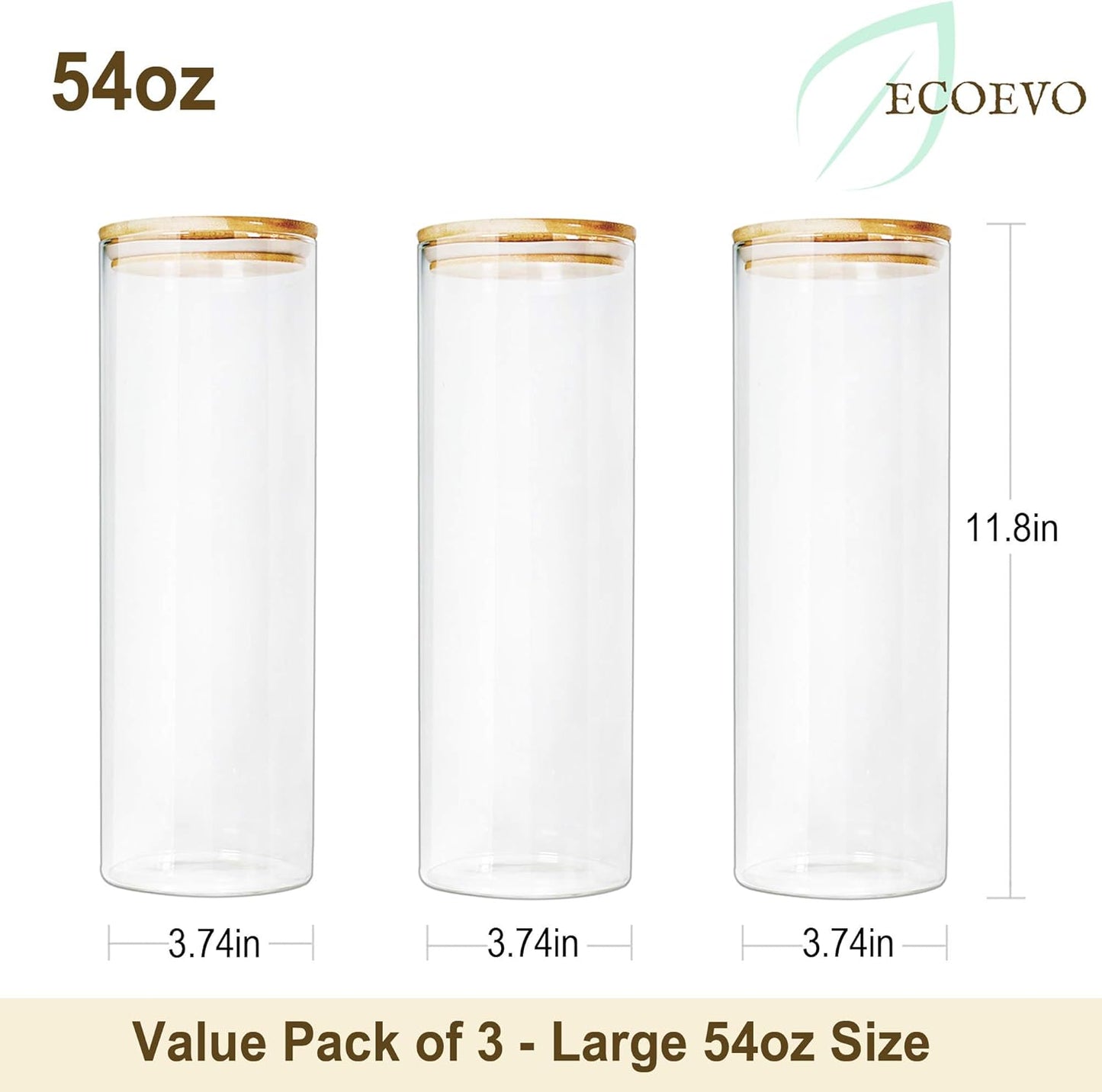 Glass Jars with Bamboo Lids (52Oz in 3 Pack), Food Storage Canisters Sets, Kitchen Pantry Jars with Airtight Lids, Large Glass Canisters with Lids