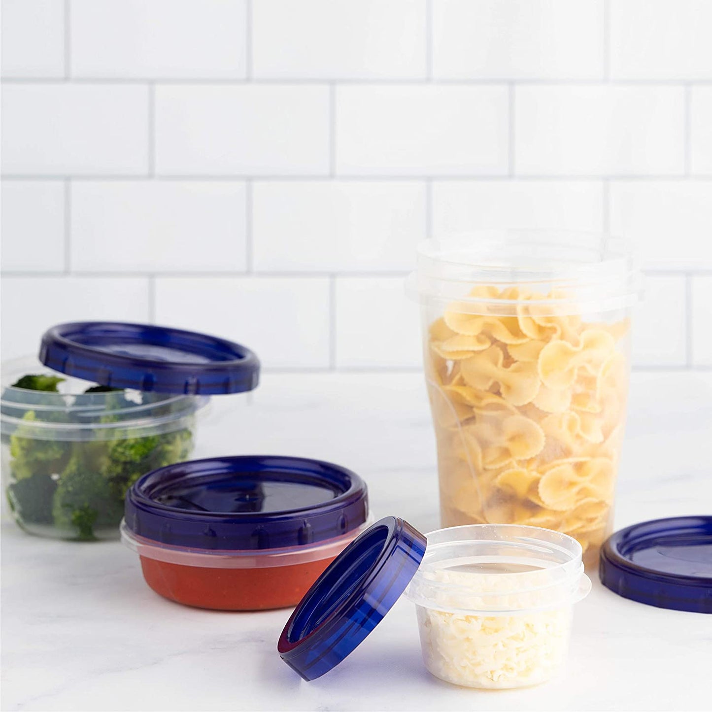 Deli Containers Clear Bottom with Blue Top Twist on Lids Reusable, Stackable, Food Storage Freezer Container (6, 4 OUNCE)