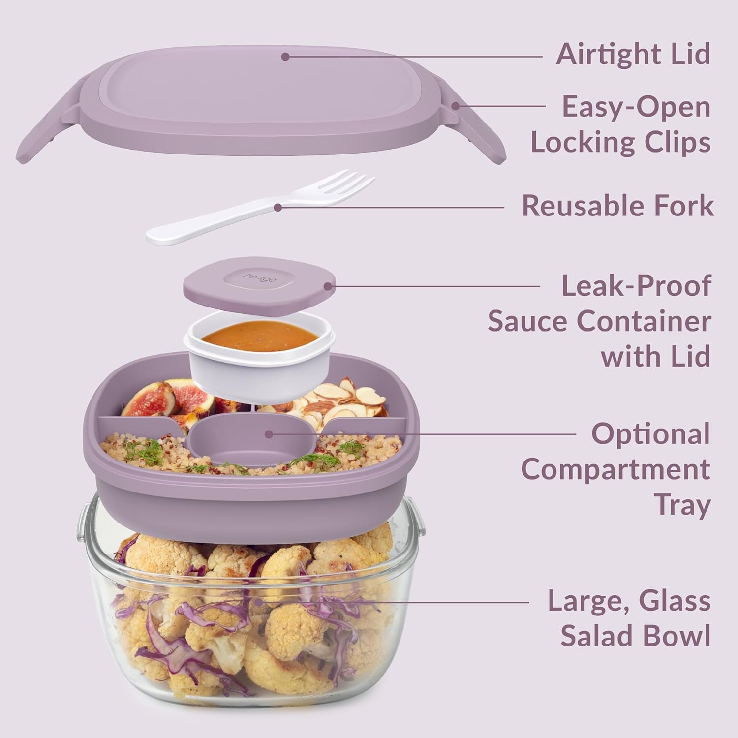 Glass All-In-One Salad Container - Large 61-Oz Salad Bowl with Lid, 4-Compartment Bento-Style Tray, 3-Oz Sauce Container, and Reusable Fork - Dishwasher, Microwave, and Oven Safe (Lavender)