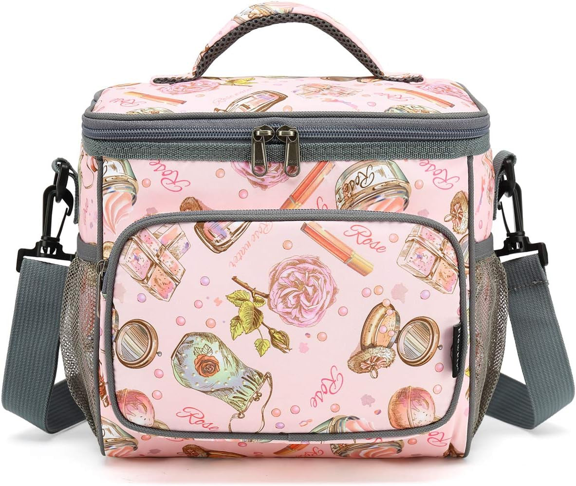 Insulated Reusable Lunch Bag Adult Large Lunch Box for Women and Men with Adjustable Shoulder Strap,Front Zipper Pocket and Dual Large Mesh Side Pockets,Rose