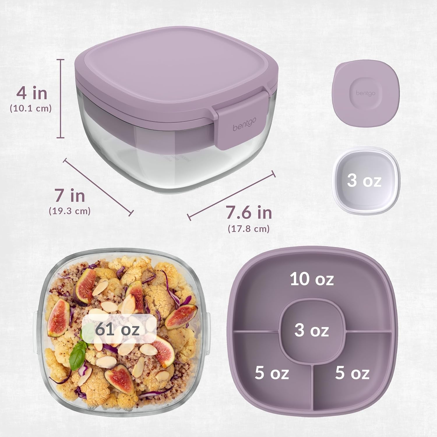 Glass All-In-One Salad Container - Large 61-Oz Salad Bowl with Lid, 4-Compartment Bento-Style Tray, 3-Oz Sauce Container, and Reusable Fork - Dishwasher, Microwave, and Oven Safe (Lavender)