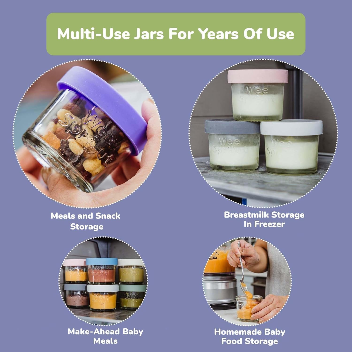 Glass Baby Food Storage Jars W/Lids (4 Oz, 12 Pack Set) Snack, Puree, Reusable Small Containers, Breast Milk, Fridge or Freezer, Microwave & Dishwasher Safe, Essential Must Have for Infants