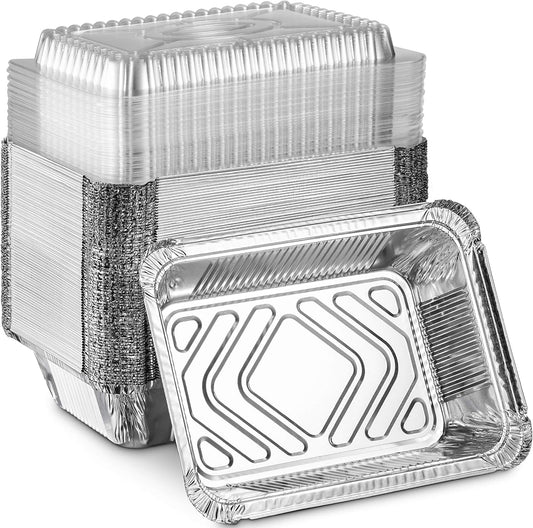 Disposable Takeout Pans with Clear Lids | 2Lb Capacity Aluminum Foil Food Containers with Strong Seal for Freshness & Spill Resistance | Eco-Friendly & Recyclable | 50-Pack 8X5.5” Drip Pans