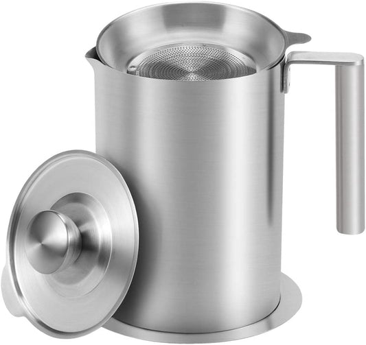 1.8 L/1.9 Quart Stainless Steel Grease Strainer and Container - Large Oil Storage Pot Grease Keeper with Dust-Proof Lid & Easy Grip Handle - for Bacon, Kitchen Cooking or Frying Oil