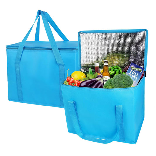 2-Pack Extra Insulated Grocery Shopping Bag, Large Blue, Reusable Bags,Pizza,Sturdy Zipper,Collapsible,Tote,Cooler,For Transport Women,For Instacart,Durable,Thermal