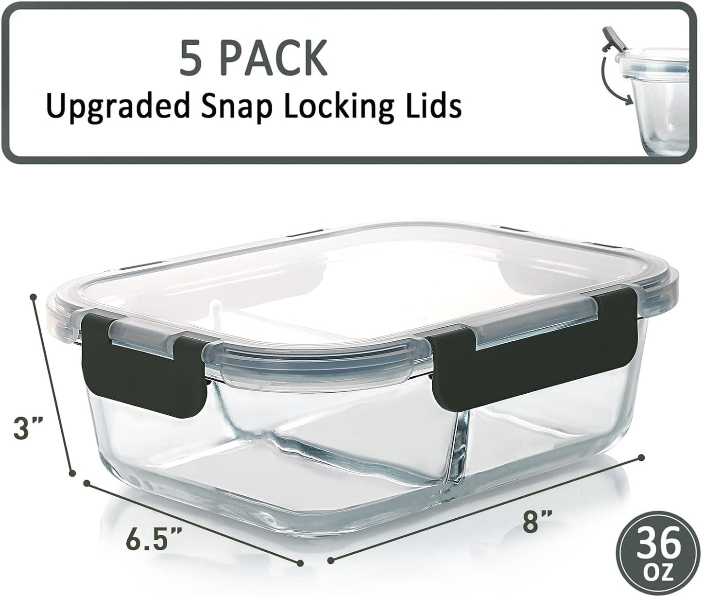 [5-Pack,36 Oz] Glass Meal Prep Containers 2 Compartments Portion Control with Upgraded Snap Locking Lids Glass Food Storage Containers, Microwave, Oven, Freezer and Dishwasher (4.5 Cups)