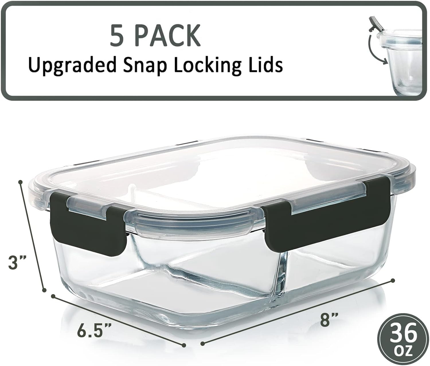 [5-Pack,36 Oz] Glass Meal Prep Containers 2 Compartments Portion Control with Upgraded Snap Locking Lids Glass Food Storage Containers, Microwave, Oven, Freezer and Dishwasher (4.5 Cups)