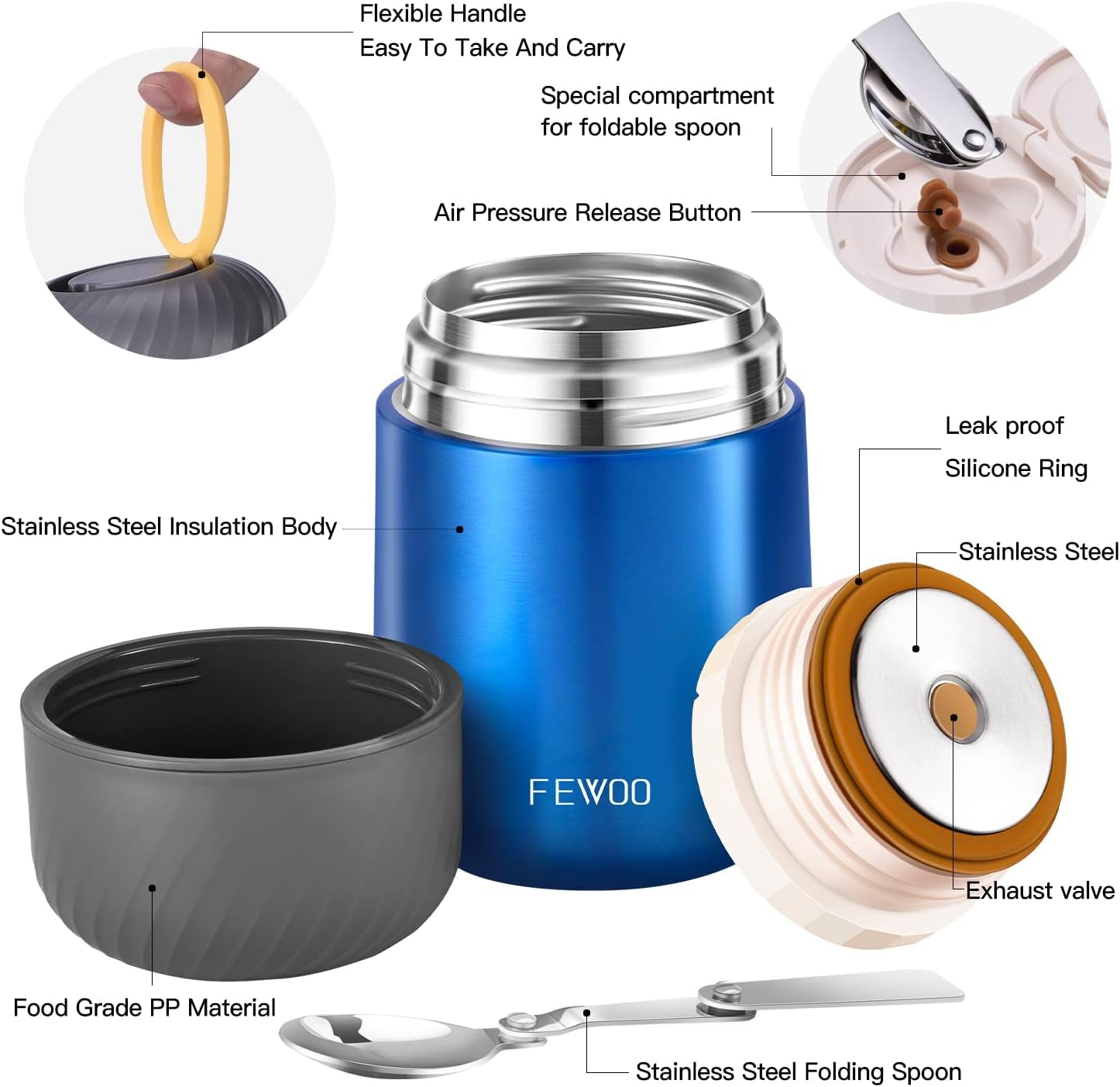 Food Jar - 20Oz Vacuum Insulated Soup Container, Stainless Steel Lunch Box for Kids Adult, with Folding Spoon for Hot or Cold Food (Bright Blue)