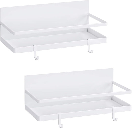 Magnetic Spice Rack, Strong Magnetic Shelf with 2 Removable Hooks, Perfect Space Saver for Small Kitchen/Apartment, Awesome Metal Cabinet for Holding Spices, Jars, Salt, Beverage(White)
