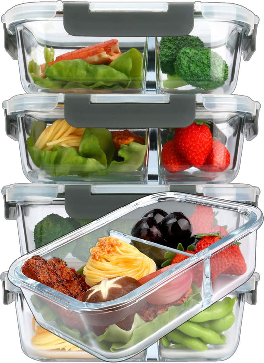 [5-Pack,36 Oz] Glass Meal Prep Containers 2 Compartments Portion Control with Upgraded Snap Locking Lids Glass Food Storage Containers, Microwave, Oven, Freezer and Dishwasher (4.5 Cups)