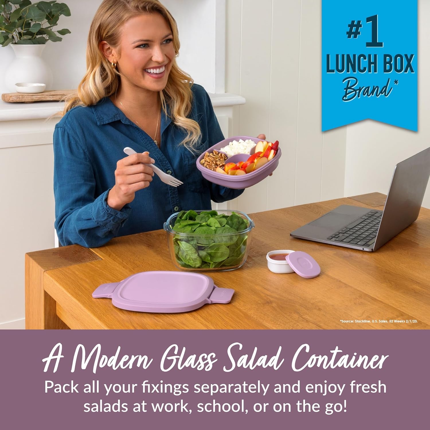 Glass All-In-One Salad Container - Large 61-Oz Salad Bowl with Lid, 4-Compartment Bento-Style Tray, 3-Oz Sauce Container, and Reusable Fork - Dishwasher, Microwave, and Oven Safe (Lavender)