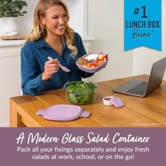 Glass All-In-One Salad Container - Large 61-Oz Salad Bowl with Lid, 4-Compartment Bento-Style Tray, 3-Oz Sauce Container, and Reusable Fork - Dishwasher, Microwave, and Oven Safe (Lavender)