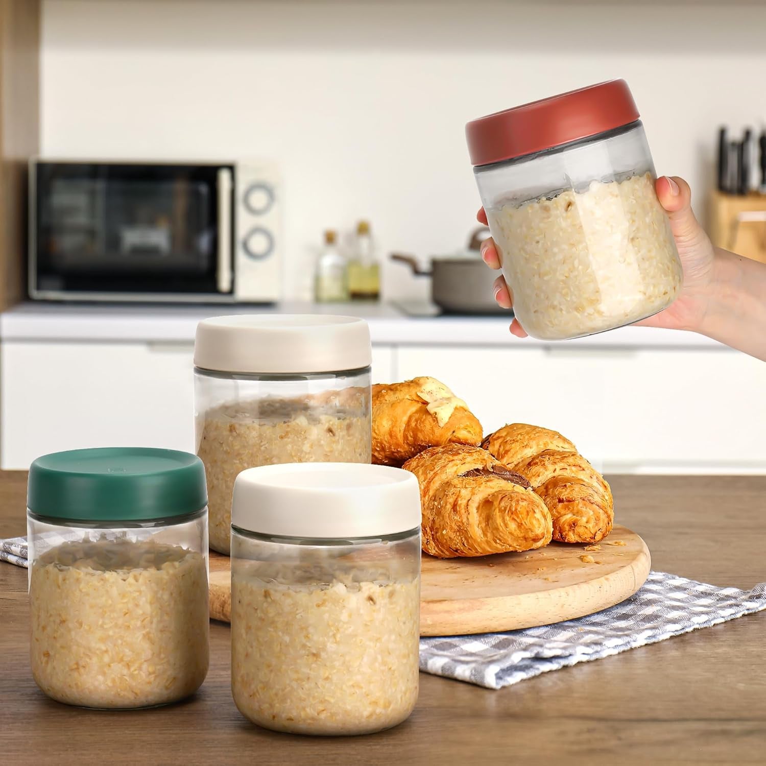 4-Pack Overnight Oats Containers with Lids 16Oz Glass Mason Jars Meal Prep Salad Food Cereal Snacks Pudding Yogurt Storage