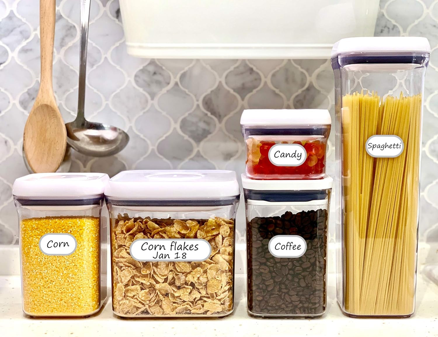 Removable Waterproof Food Labels, Write-On Kitchen Labels for POP Food Storage Containers, Jars and Home Organization, Pantry & Spice Sticker, Pack of 64