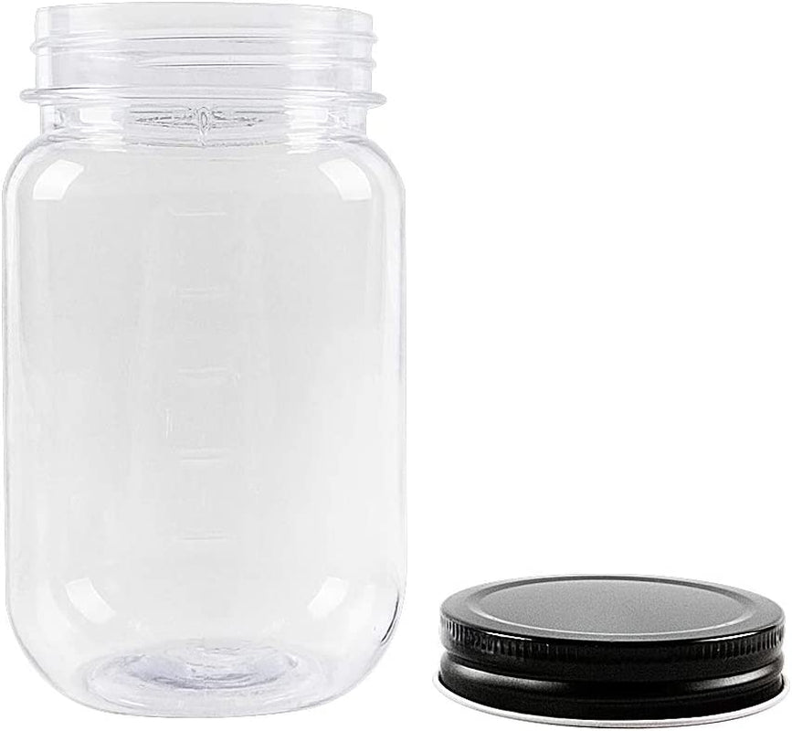 16 Ounce Plastic Jars with Black Lids - Refillable round Clear Containers - Storage for Kitchen & Household - BPA Free (10 Pack)