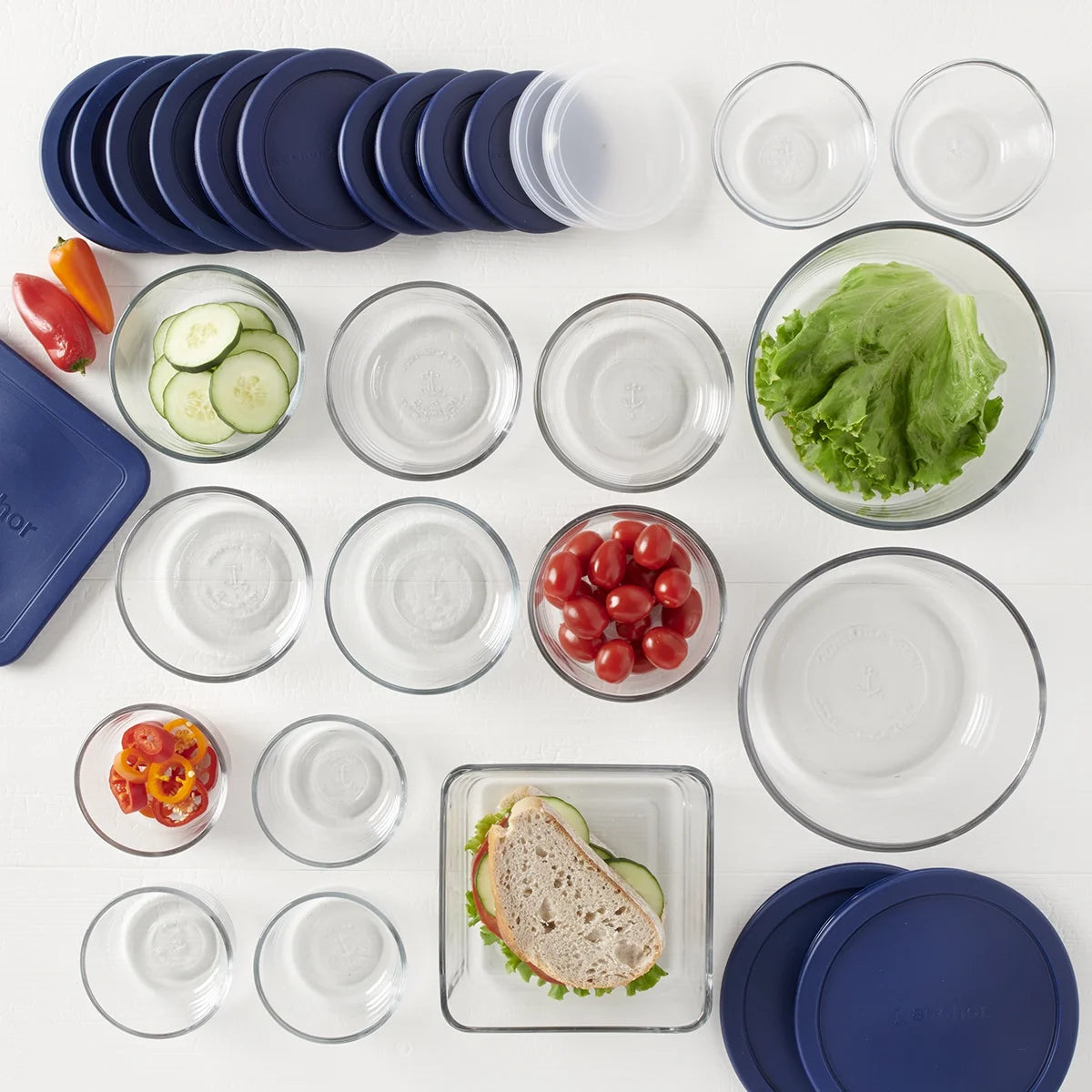 Clear Glass Food Storage,30 Piece Set with Navy Lids