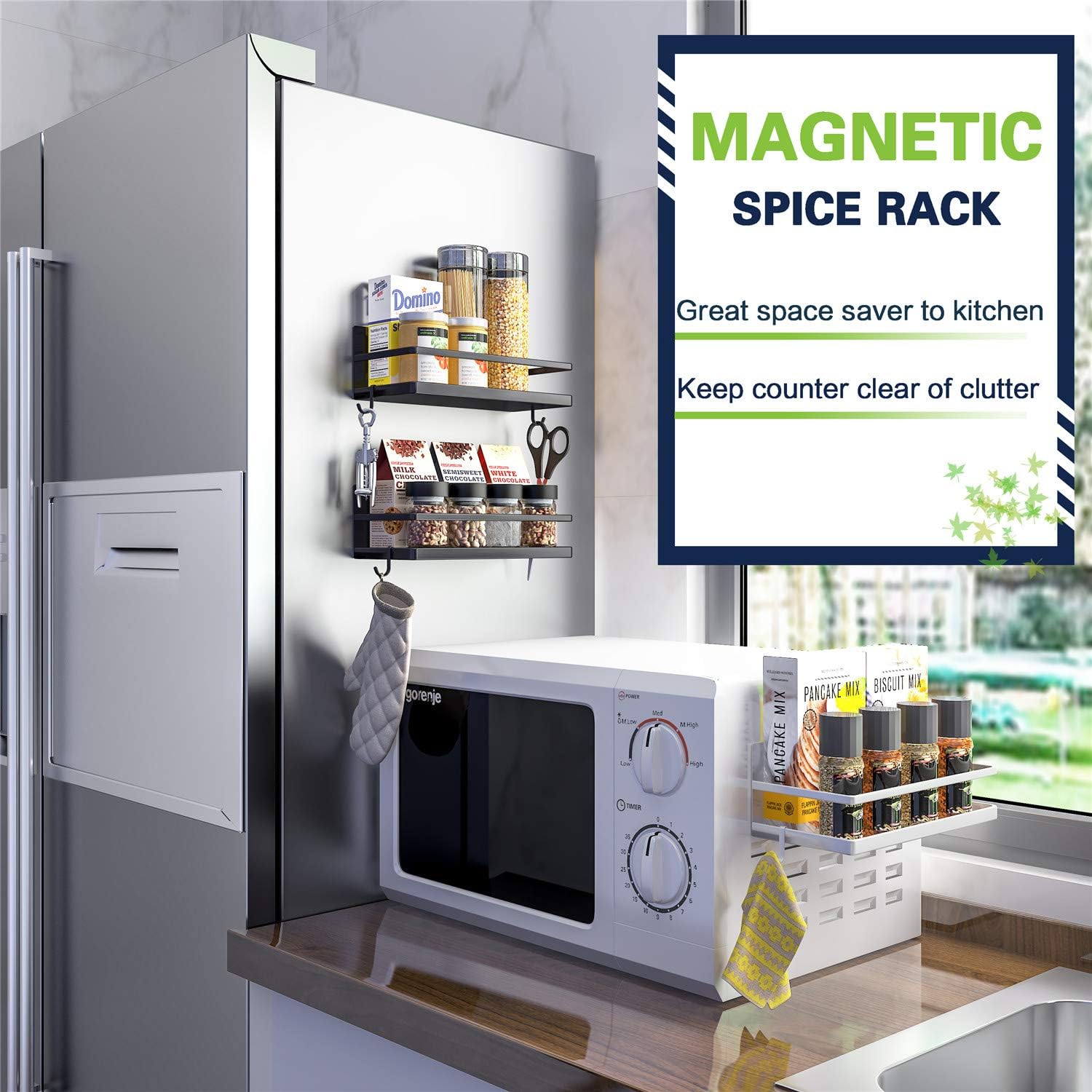 Magnetic Spice Rack, Strong Magnetic Shelf with 2 Removable Hooks, Perfect Space Saver for Small Kitchen/Apartment, Awesome Metal Cabinet for Holding Spices, Jars, Salt, Beverage(White)