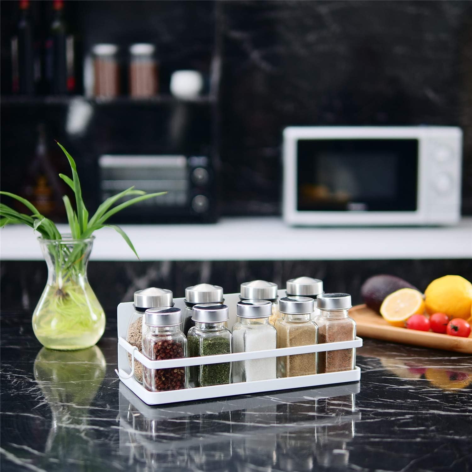 Magnetic Spice Rack, Strong Magnetic Shelf with 2 Removable Hooks, Perfect Space Saver for Small Kitchen/Apartment, Awesome Metal Cabinet for Holding Spices, Jars, Salt, Beverage(White)