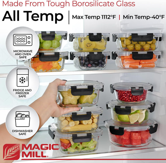 Glass Storage Containers with Lids Set | Ultimate 24Pc Sets with 12 Food Storage Containers & 12 Airtight Locking Lids for Lunch, Meal Prep, Fridge, Freezer, and Dishwasher Safe, Bpa-Free