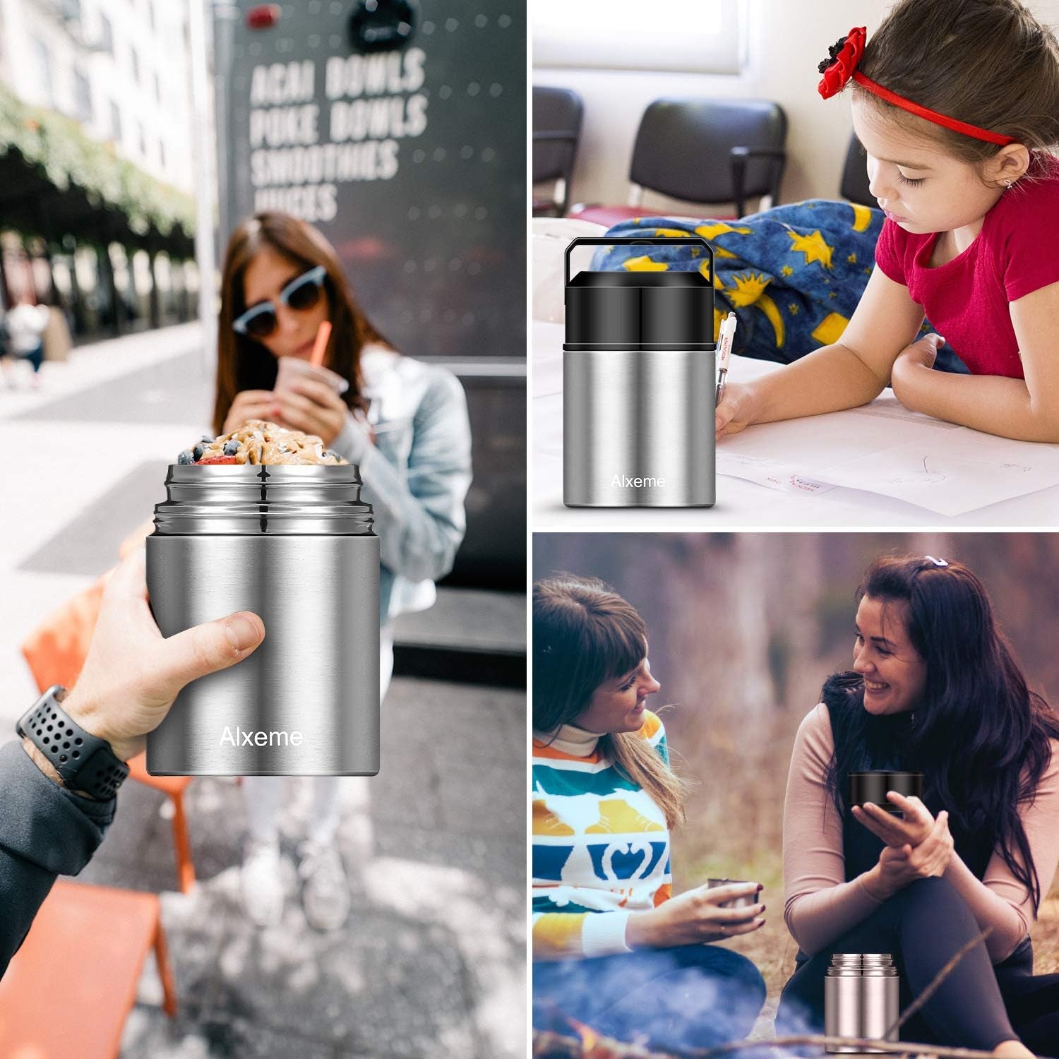 Food Jar Insulated Lunch Container Bento Box for Cold Hot Food 27Oz Food Flask Wide Mouth Stainless Steel Vacuum Lunch Box for Kids Adult with Spoon Flexible Handle Leak Proof – Silver