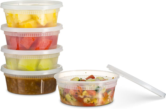 [48 Count 8 Oz Combo] Disposable Plastic Deli Food Storage Containers with Plastic Lids, Leakproof, Great for Meal Prep, Picnic, Take Out, Traveling, Fruits, Snack, or Liquids
