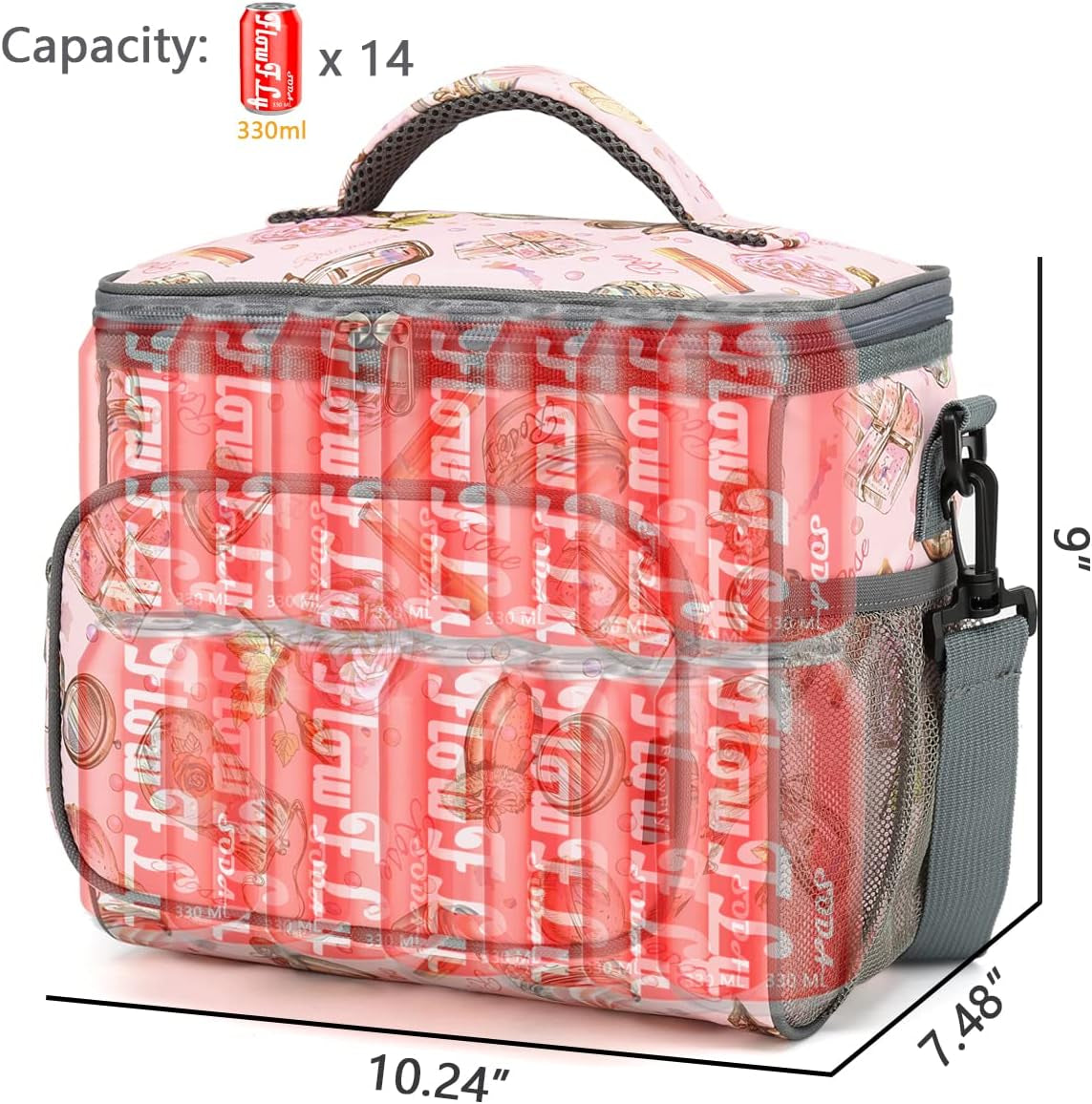 Insulated Reusable Lunch Bag Adult Large Lunch Box for Women and Men with Adjustable Shoulder Strap,Front Zipper Pocket and Dual Large Mesh Side Pockets,Rose