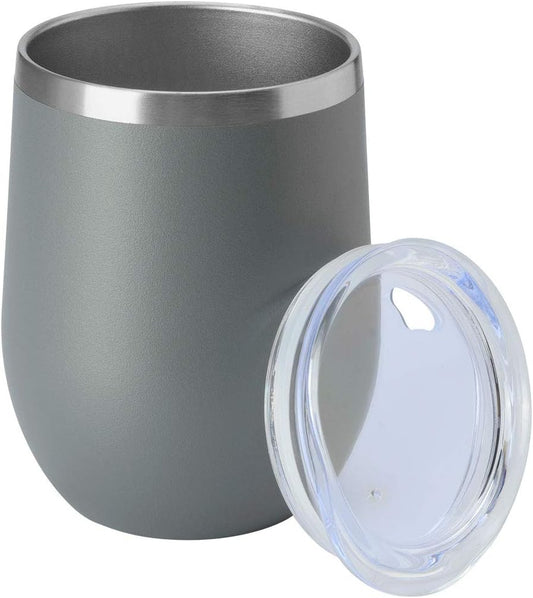 12Oz Wine Tumbler with Lid Stemless Wine Glasses Double Wall Vacuum Travel Mugs Stainless Steel Coffee Cup for Cold & Hot Drinks Wine Coffee Cocktails Beer (12Oz-Grey, 1 Pack)