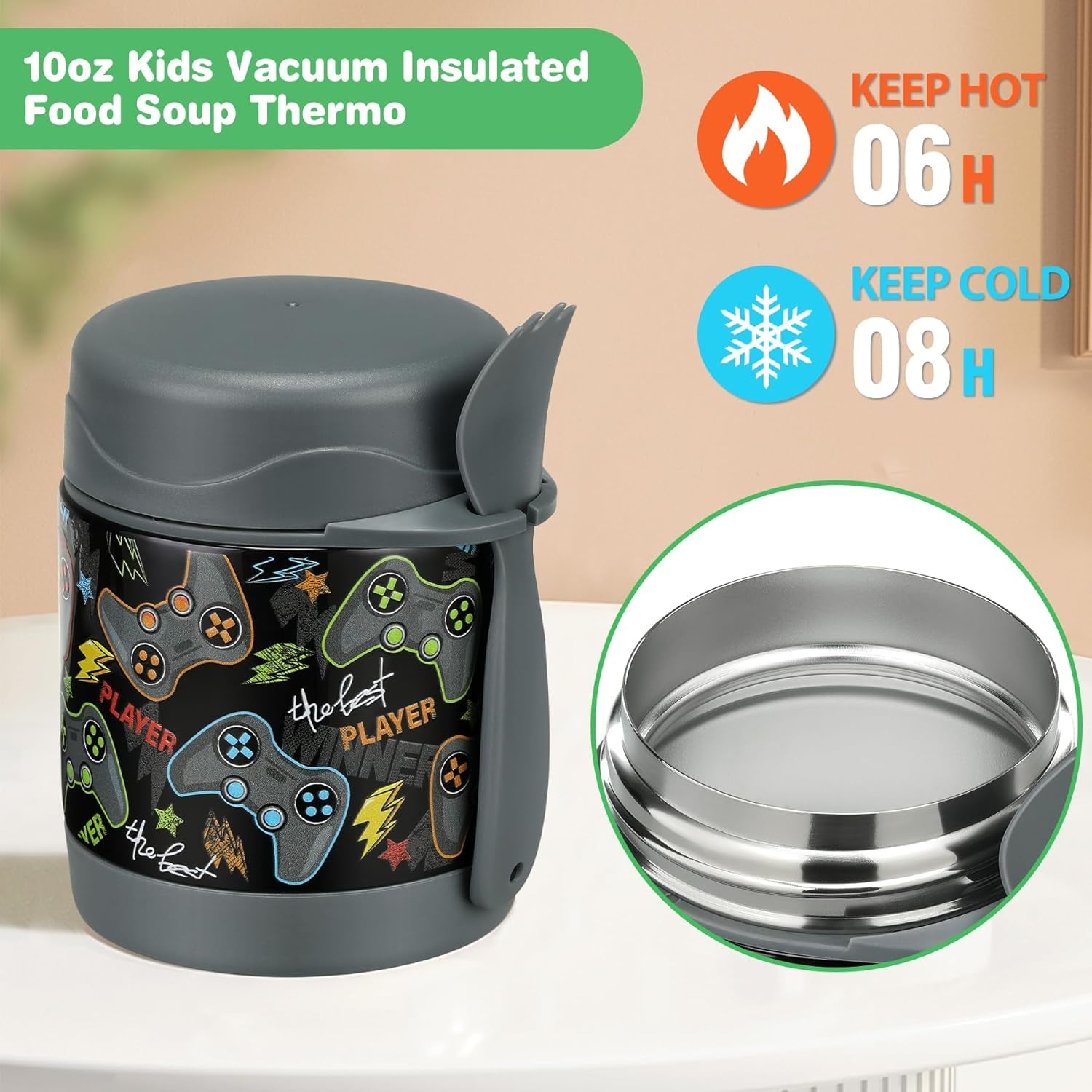 10Oz Soup Thermo for Hot Food Kids Insulated Food Jar,Thermo Hot Food Lunch Container, Width Mouth Stainless Steel Lunch Box for Kids with Spoon (Black-Gamepad)