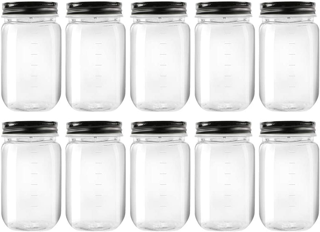 16 Ounce Plastic Jars with Black Lids - Refillable round Clear Containers - Storage for Kitchen & Household - BPA Free (10 Pack)