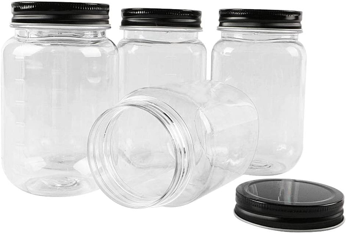 16 Ounce Plastic Jars with Black Lids - Refillable round Clear Containers - Storage for Kitchen & Household - BPA Free (10 Pack)